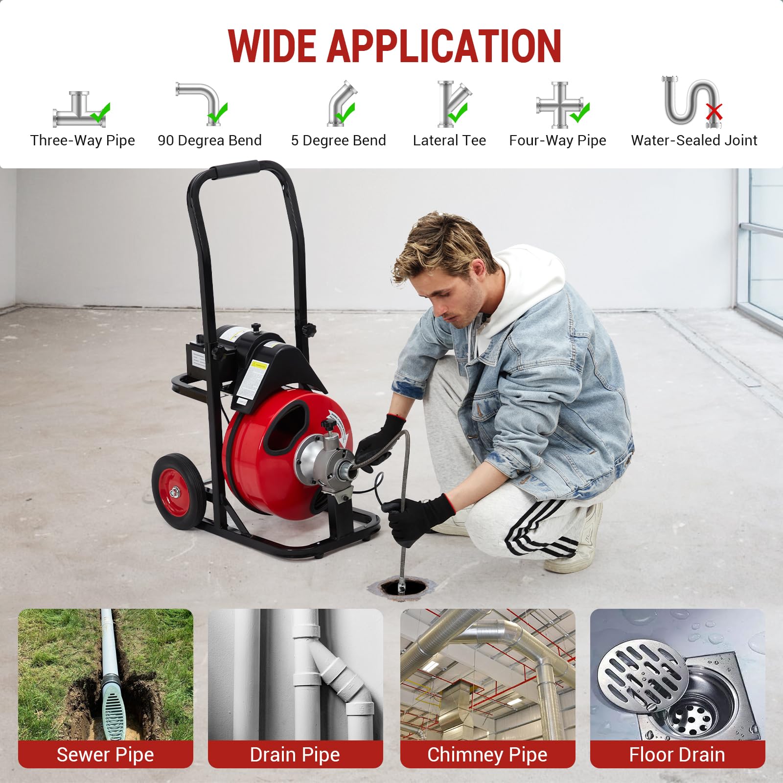 Garvee Auto Feed 100 FT x 1/2 Inch Drain Cleaner Machine with 370W Motor, Portable Sewer Snake Auger with 8 Cutters & Air-activated Foot Switch, Fits 1" to 4" Pipes, Black & Red