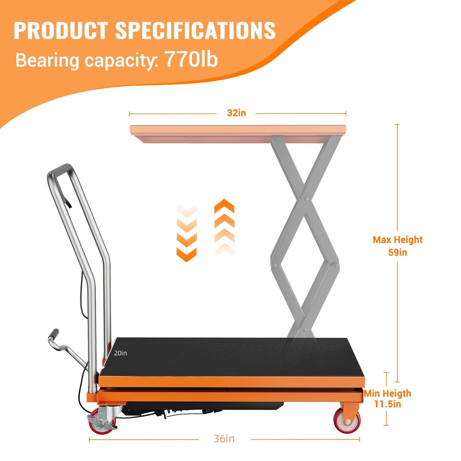 Garvee 770lbs Capacity Hydraulic Lift Table Cart, 14"-59" Lifting Height Manual Double Scissor Table Lift Cart with Non-Slip Pad for Material Handling and Transportation - Orange