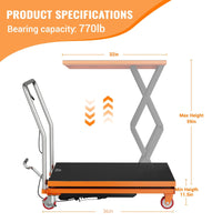 Garvee 770lbs Capacity Hydraulic Lift Table Cart, 14"-59" Lifting Height Manual Double Scissor Table Lift Cart with Non-Slip Pad for Material Handling and Transportation - Orange