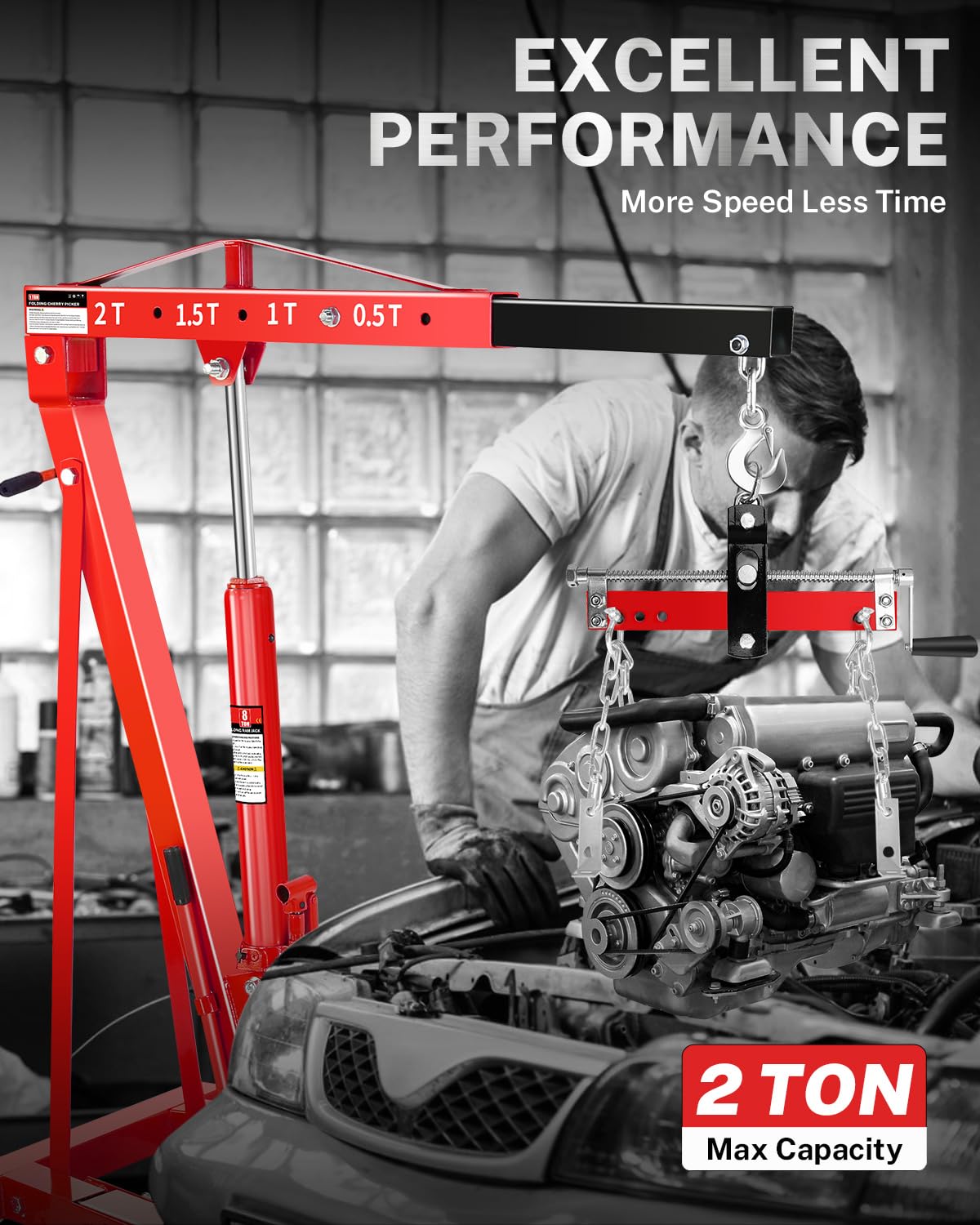 Garvee 2-Ton Hydraulic Engine Hoist Crane with 6-Wheel Stability, Folding Design, Military-Grade Steel, Locking Brakes, Adjustable Boom - Garage & Workshop, Red