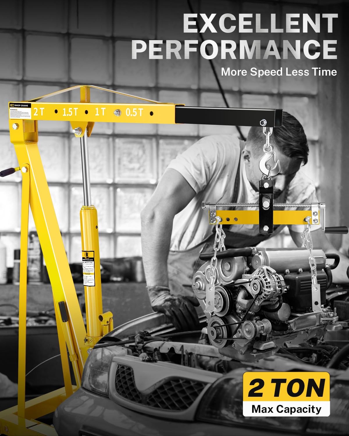 Garvee 2-Ton Hydraulic Engine Hoist Crane, 4400 lbs Folding Heavy-Duty Cherry Picker with Lever, 6 Locking Wheels, and 4 Boom Positions for Truck/SUV Engines, Garage, Workshop, and Industrial Lifting, Yellow