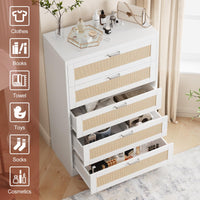 Garvee 5 Drawer Dresser Rattan Dresser, Tall Chest of Drawers, Wood Dresser for Bedroom, Closet, Living Room, Hallway