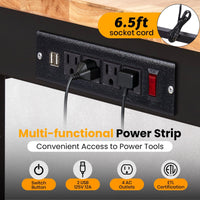 Garvee 70"x 21" Adjustable Workbench with Power Outlet, 29.5" - 39.4" Adjustable Height Garage Workbench with Rulers, Pegboard, Hooks, Wheels, 2000 Lbs Load Capacity for Workshop, Office, Garage, Home