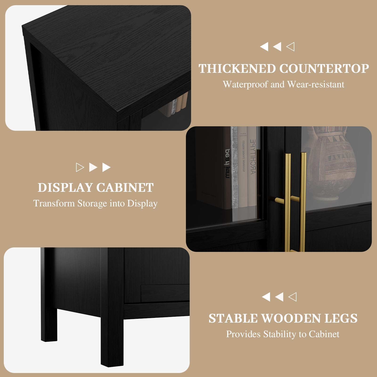 Garvee Sideboard Buffet Cabinet with 4 Glass Doors, 55" Large Buffet Cabinet with Storage, Modern Farmhouse Storage Cabinet Table for Kitchen Dining Room, Living Room, Black