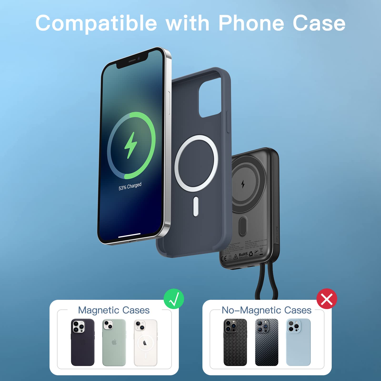 Garvee Wireless Portable Charger with Built in Cable， 10000mAh Magnetic Power Bank PD 20W Mag-Safe Battery Pack for iPhone 14/13/12