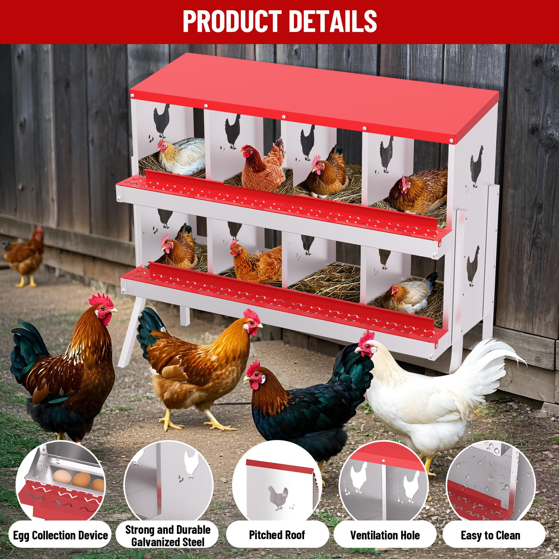 Garvee 8 Compartments Metal Chicken Nesting Boxes, Nesting Boxes with Metal Legs, Chicken Laying Box with Roll Out Egg Collection with Vented Holes