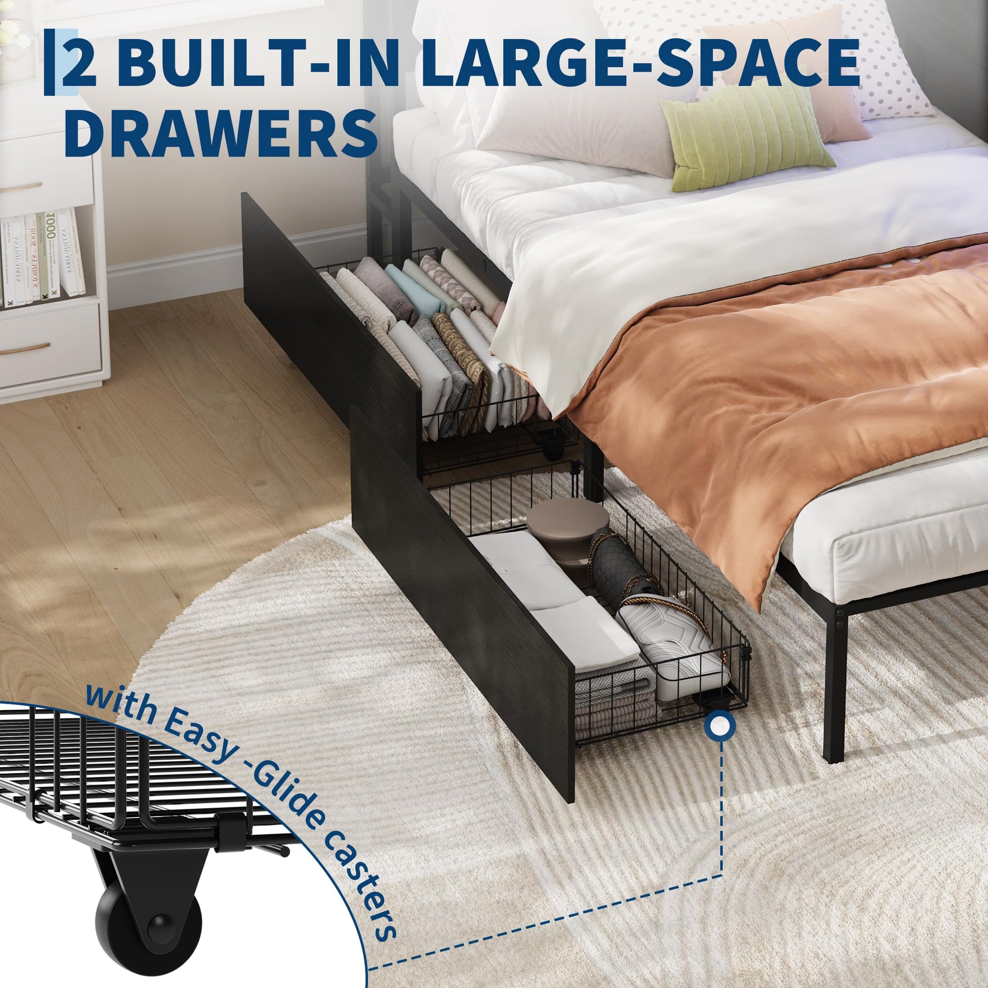 Garvee Twin Size Corner Bed Frame with 2 Storage Drawers, Charging Station and RGB LED Lights, Metal Platform Bed Frame with Desk and Bookcase Headboard for Kids Teens Guests