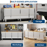 Garvee 96 inch Mobile Tool Chest 24 Drawers Lockable Stainless Steel Rolling Cabinet with Wood Top for Garage Workshop
