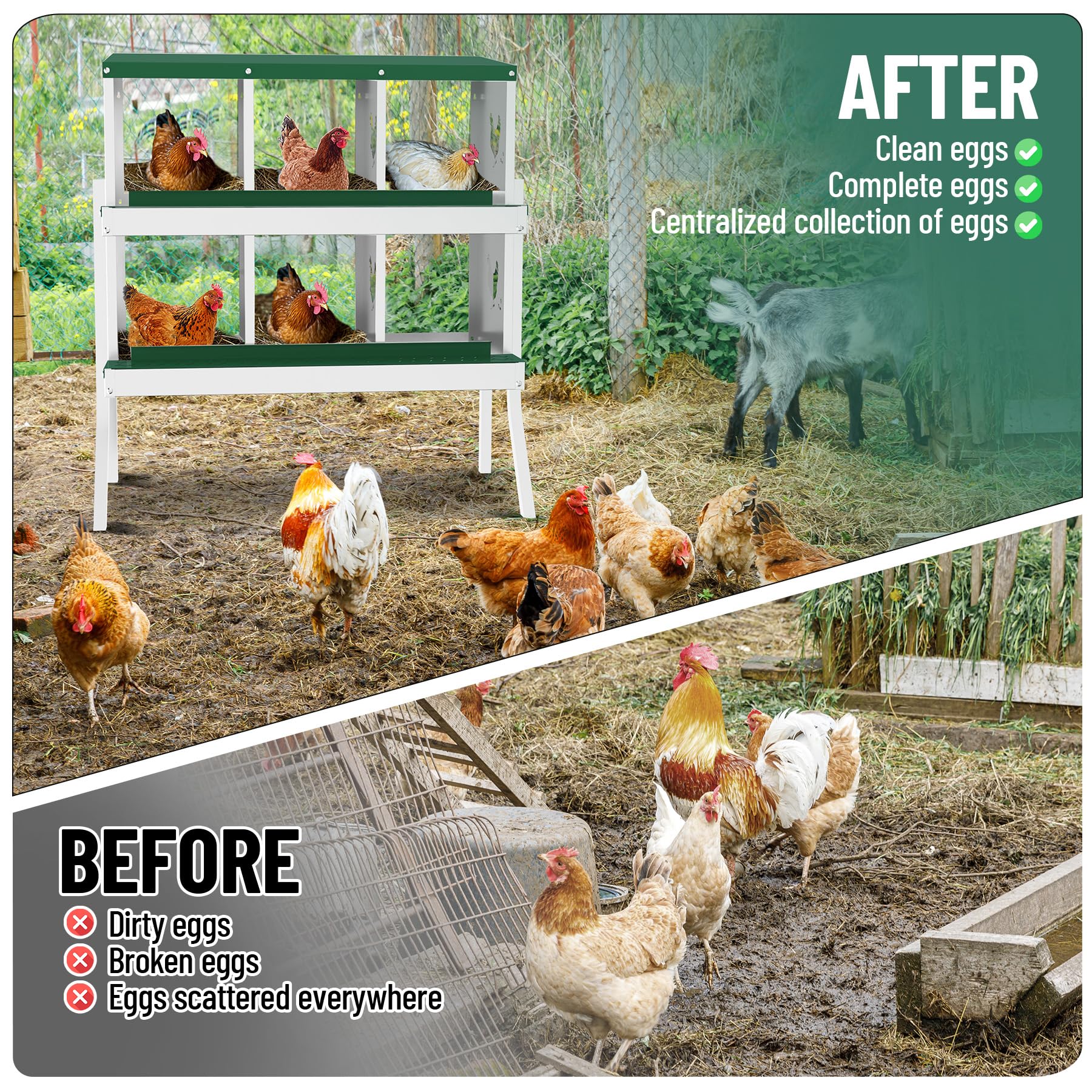 Garvee 6 Compartments Metal Chicken Nesting Boxes, Nesting Boxes with Metal Legs, Chicken Laying Box with Roll Out Egg Collection with Vented Holes