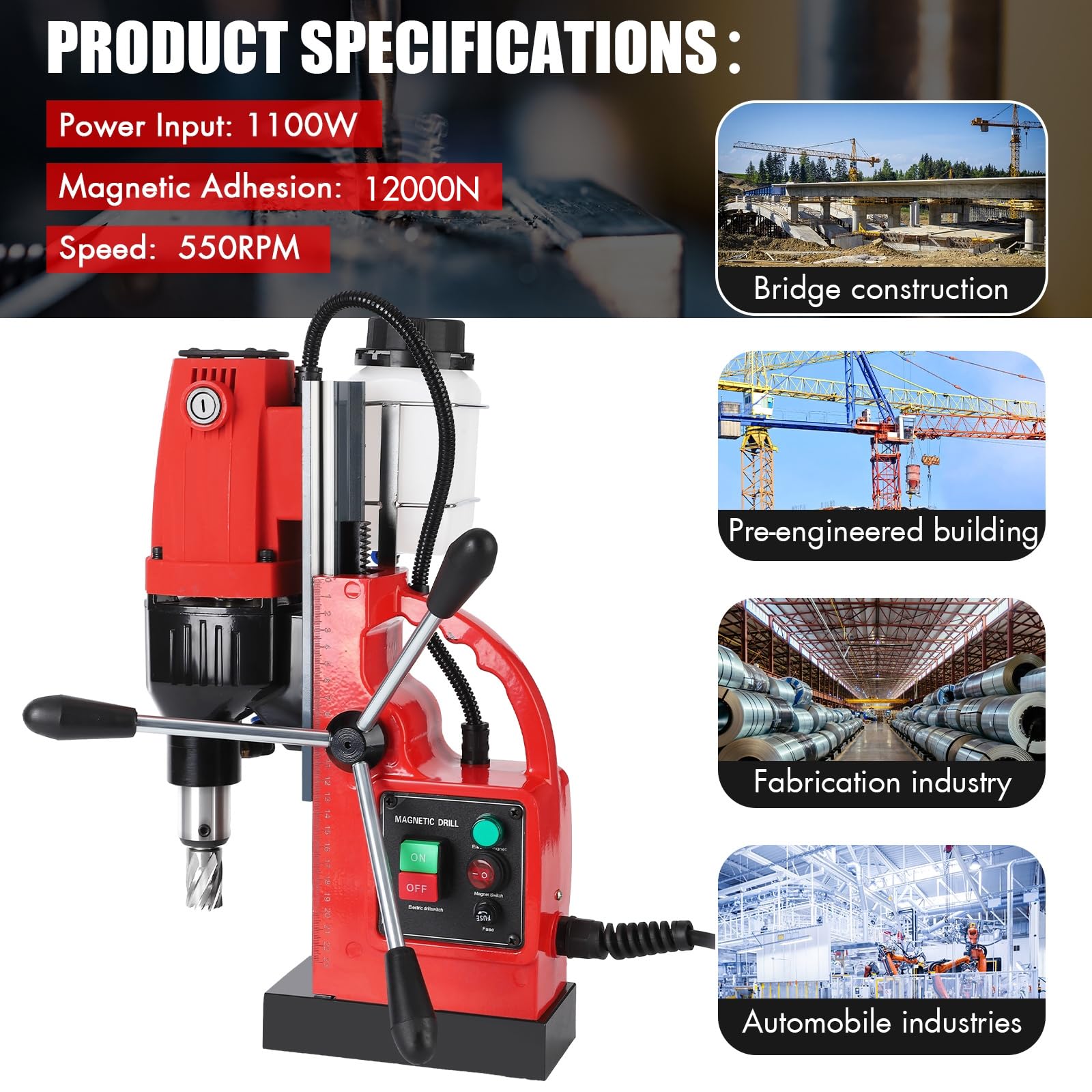 Garvee 1100W Mag Drill Press , 1.57 in Boring Diameter, 580 RPM 2922lbf Magnetic Adhesion for Industrial Home Steel Fabrication