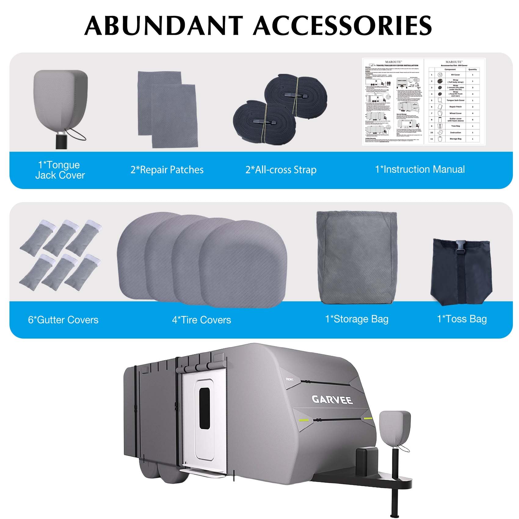 Garvee RV Cover, 27-30FT Travel Trailer Cover, Anti-UV and Waterproof with Windproof Straps, Tire Covers, Gutter & Tongue Jack Covers, and Adhesive Repair Patches for Motorhomes