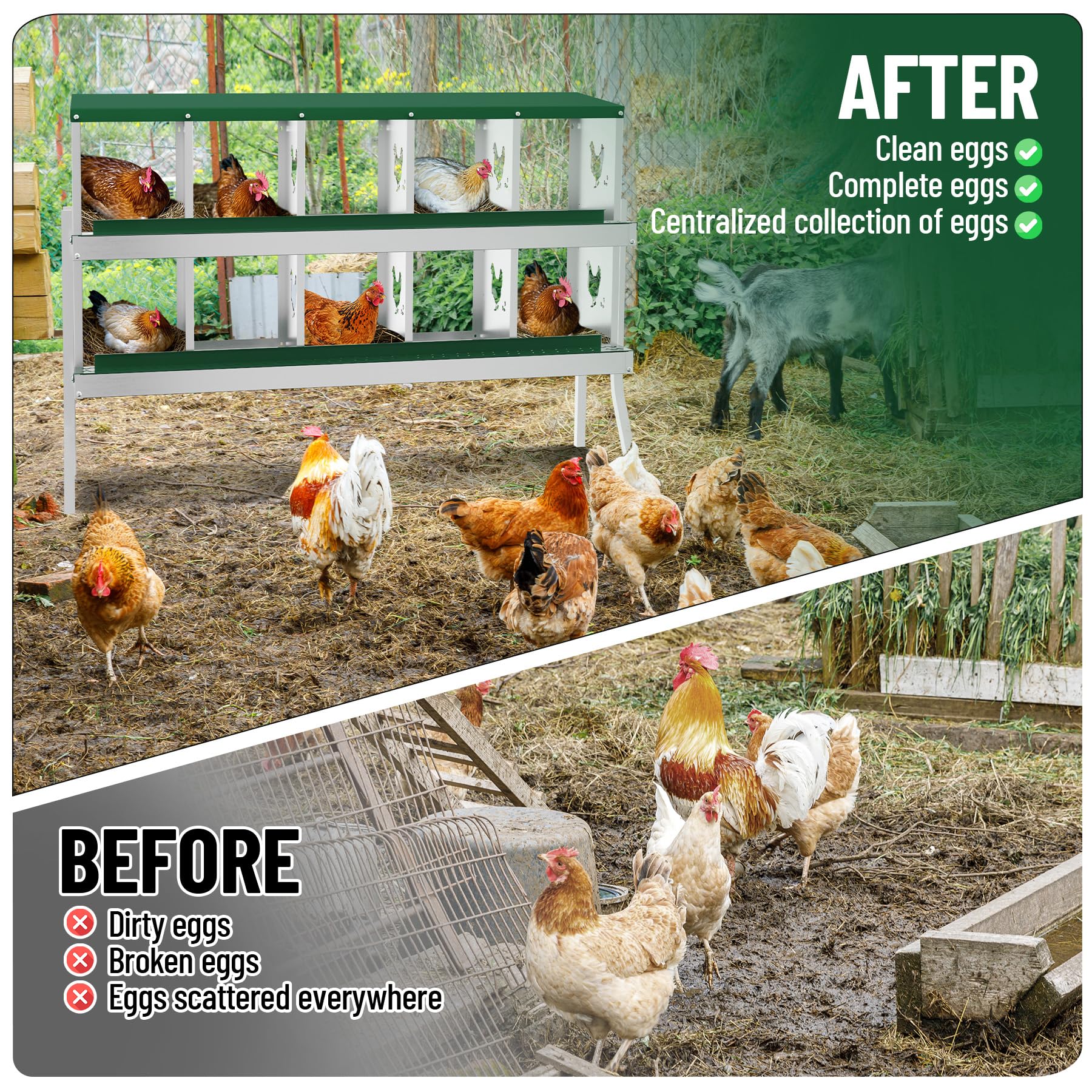 Garvee Nesting Boxes for Chickens, 10 Compartment Chicken Nesting Box with Elevated Metal Legs, Metal Chicken Laying Boxes with Perch, Secure Lid, Versatile Wall Mount or Free Standing for Hens, Green