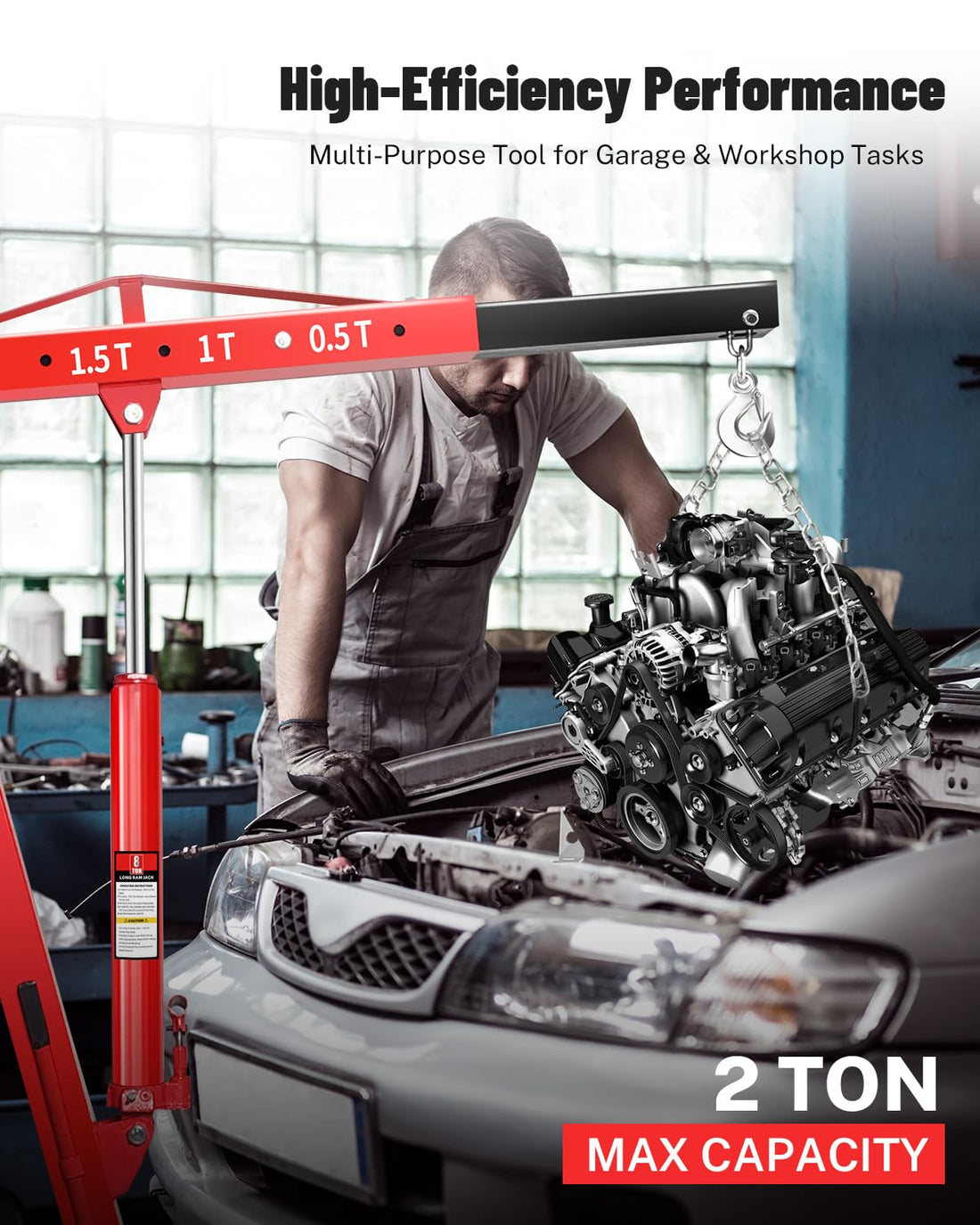 Garvee 2 Ton Engine Hoist Cherry Picker - 4400 Lbs Capacity, Foldable Design, Steel Frame, 6 Casters, Hydraulic Pump - Portable for Truck & Boat Engines, Red