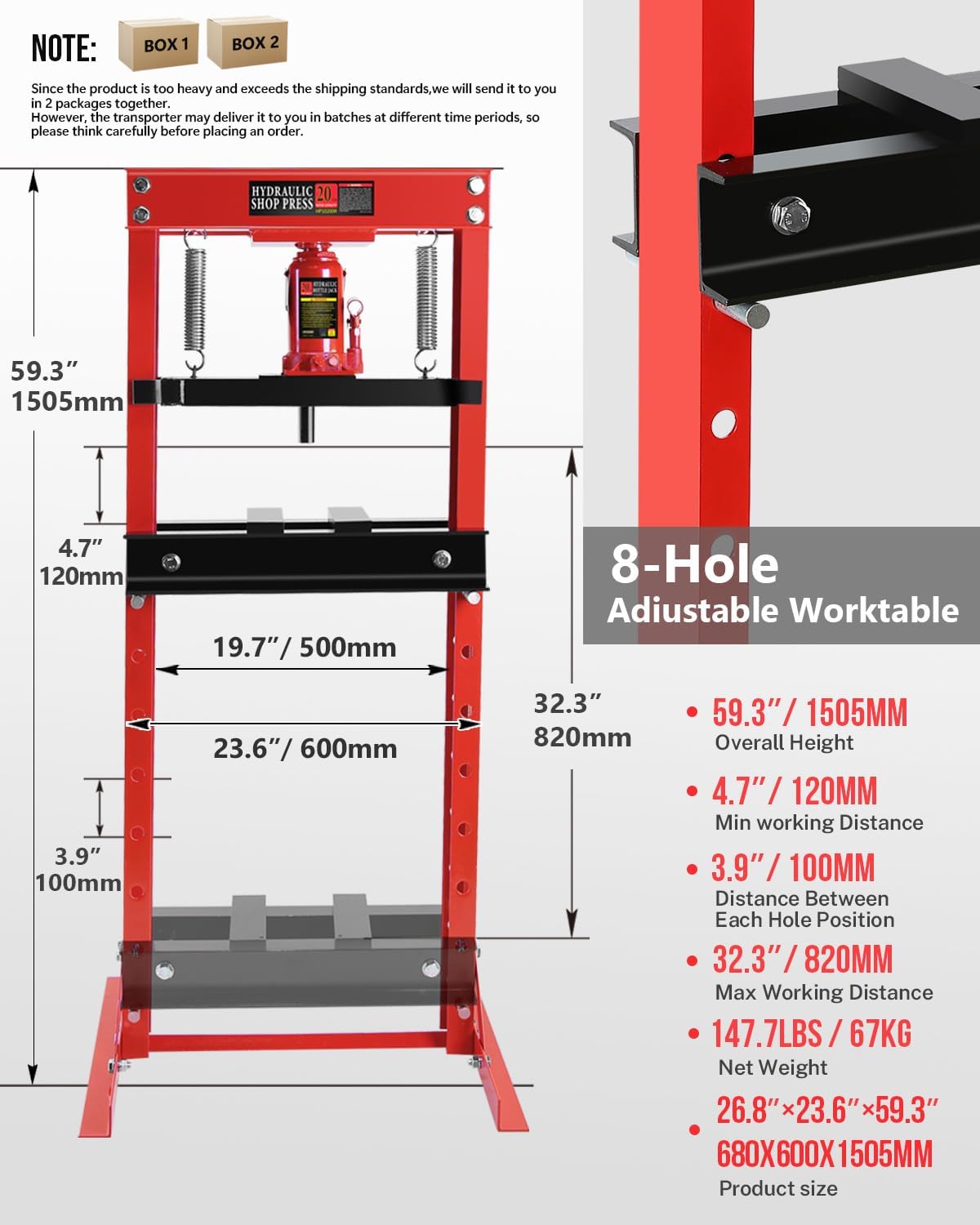 Garvee Hydraulic Press 20 Ton H-Frame Adjustable Shop Press With Stamping Plates For Garage Floor, Black, Heavy Duty