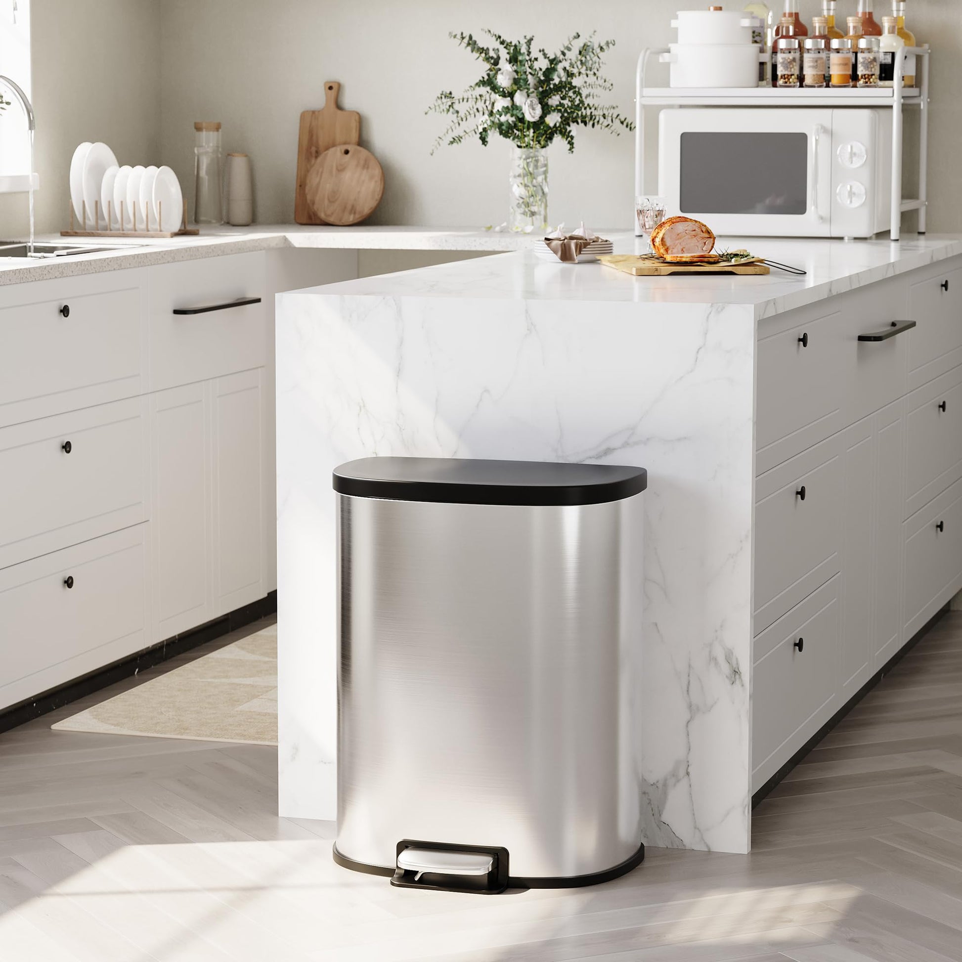Garvee D-Shape Kitchen Trash Can 50L/13.2 Gal, Smudge Resistant Step-On Garbage Can with Lid, Stainless Steel Trash Bin with Removable Buckets, Soft-Close Lid