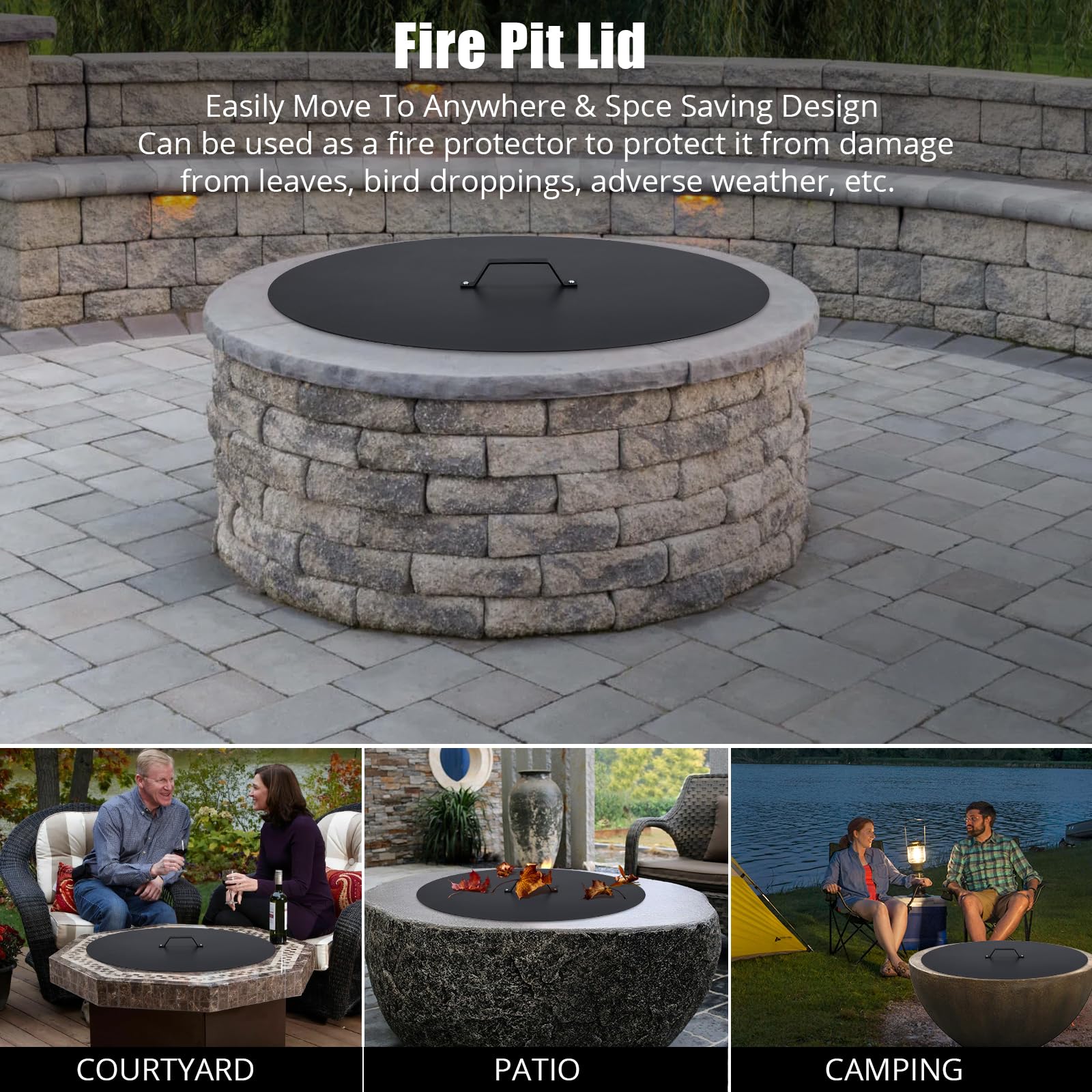 Garvee Fire Pit Cover - Compatible with Bonfire, Round Stainless Steel with Handle, Fits Inset Fire Pit, Perfect for Outdoor Patio Camping,28 * 28inch,Black