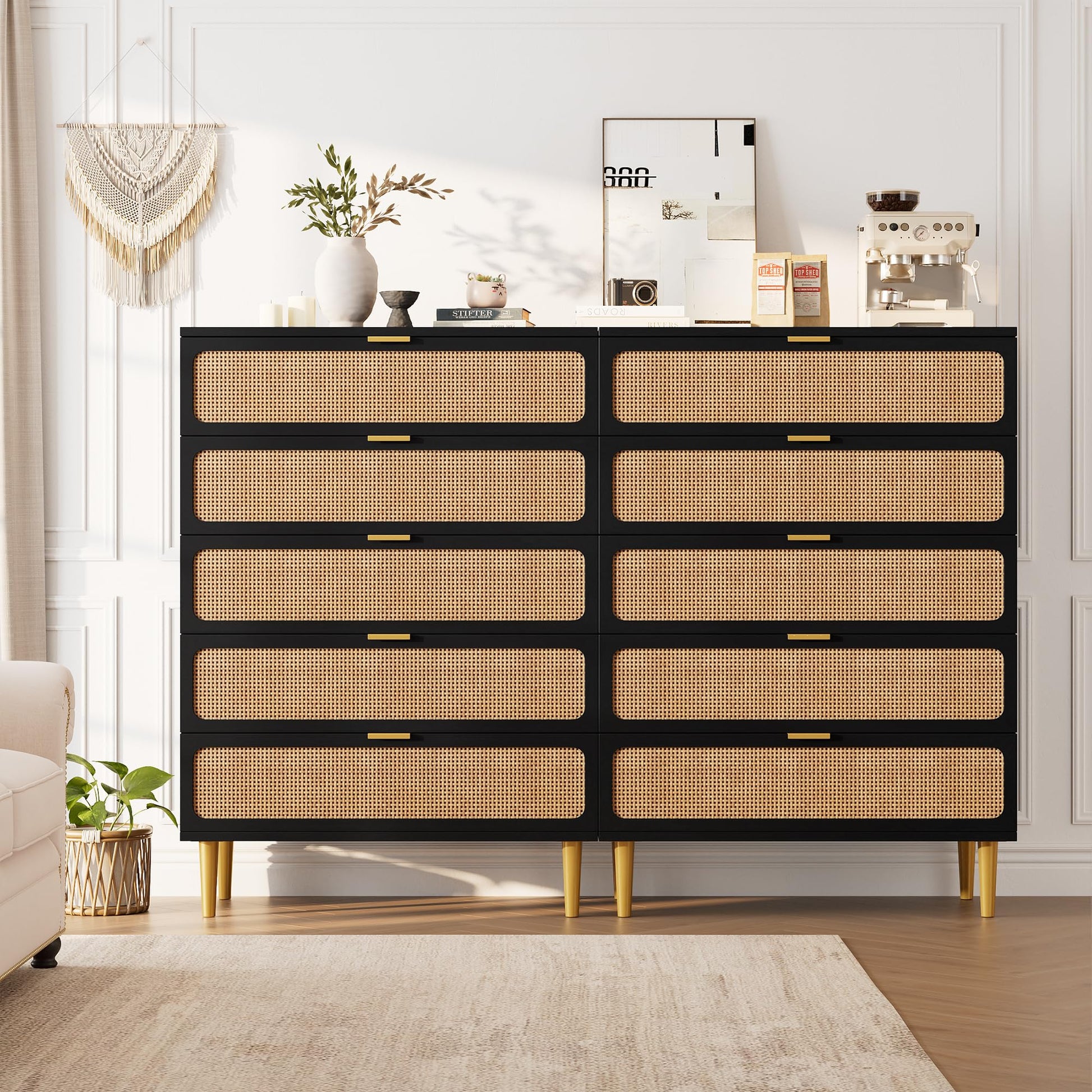Garvee 5 Drawer Dresser for Bedroom, Rattan Chest of Drawers with Deep Drawers, Large Modern Double Dresser for Closet with Wide Top, Horizontal Wooden Dresser for Living Room, Hallway, Kids Room, Black