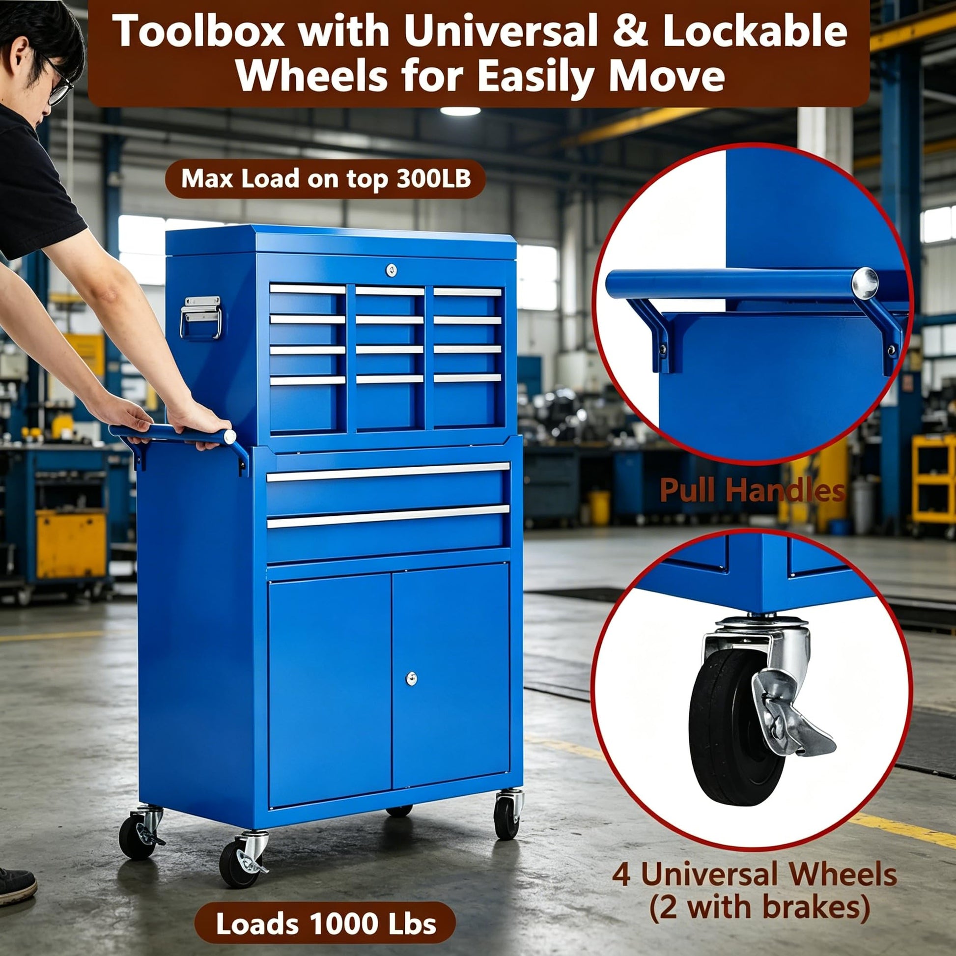 Garvee 8-Drawer Rolling Tool Chest 2-in-1 High Capacity Tool Storage with Locking System Wheels and Liners for Garage Workshop, Blue