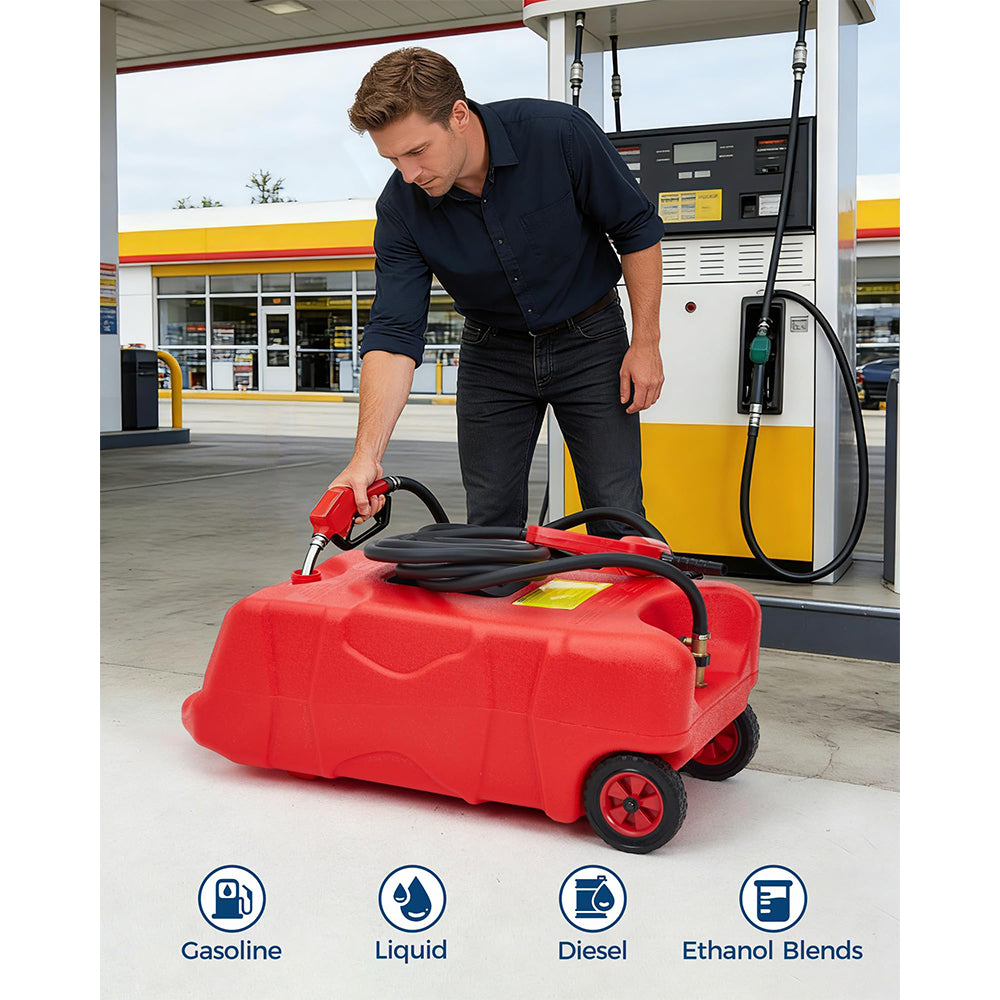 Garvee Upgraded 16 Gallon Gas Tank, Heavy-Duty Fuel Can with Manual Transfer Pump, 10FT Hose, and Casters, Leak-Proof Portable Gas Container for Lawn Mowers, Tractors, Boats, and Snow Blowers, Red