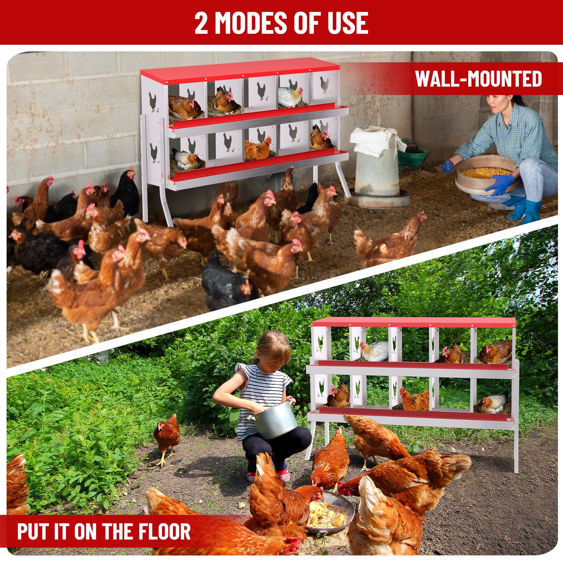 Garvee Nesting Boxes for Chickens, 10 Compartment Chicken Nesting Box with Elevated Metal Legs, Metal Chicken Laying Boxes with Perch, Secure Lid, Versatile Wall Mount or Free Standing for Hens, red