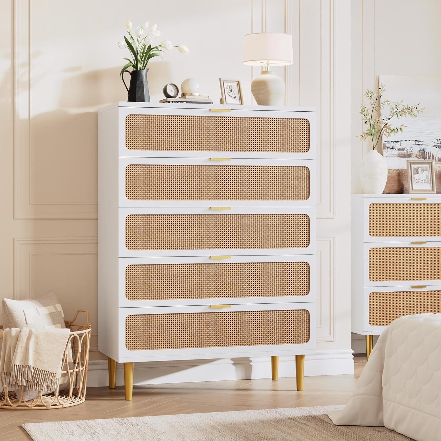 Garvee 5 Drawer Dresser for Bedroom, Rattan Chest of Drawers with Deep Drawers, Large Modern Double Dresser for Closet with Wide Top, Horizontal Wooden Dresser for Living Room, Hallway, Kids Room, Natural