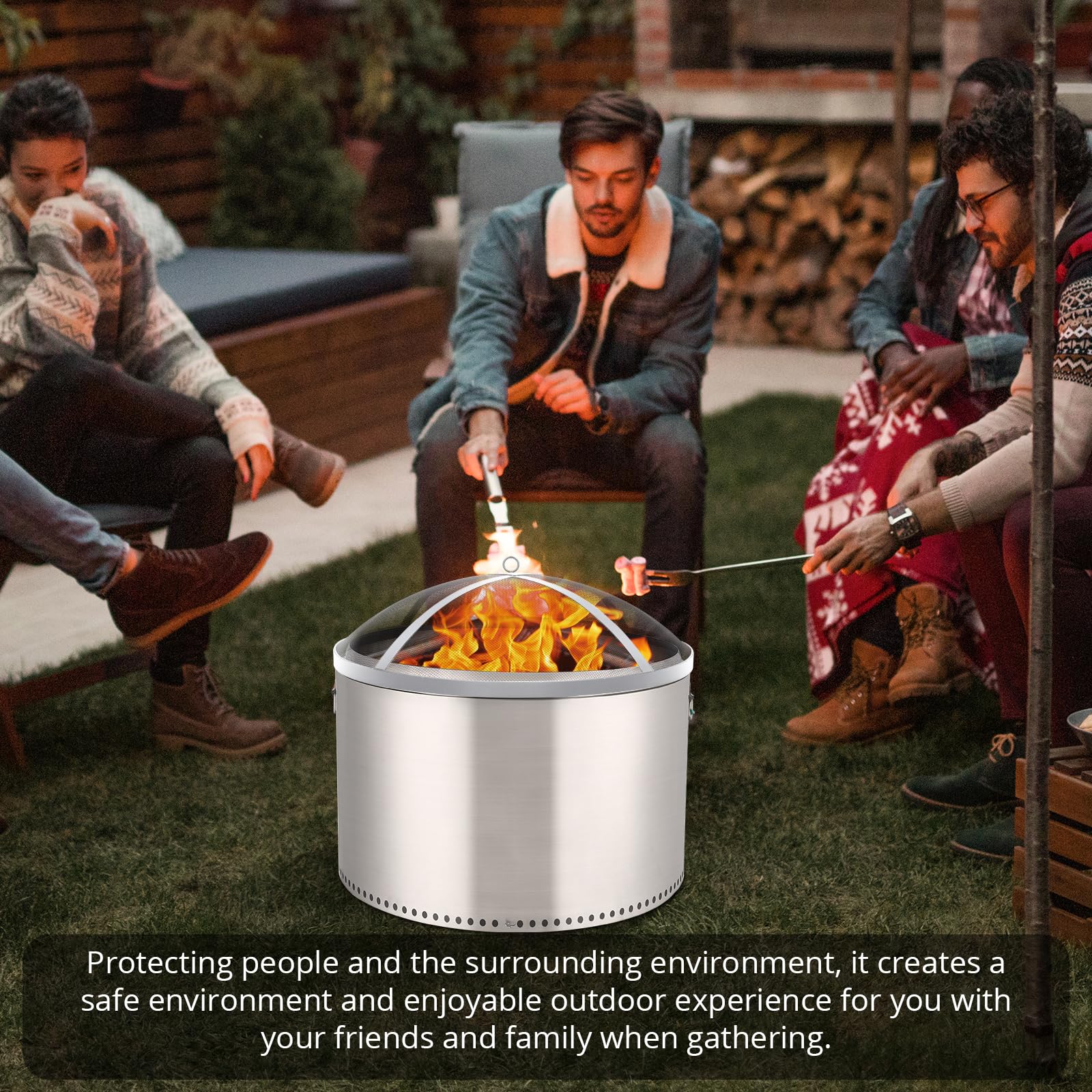 Garvee Fire Pit Spark Screen Cover for Campfires - Easy Lift Stainless Steel, Mesh Protector, Guide Rod Included, Outdoor Patio & Backyard Accessory, Silver，18 * 18 * 5inch