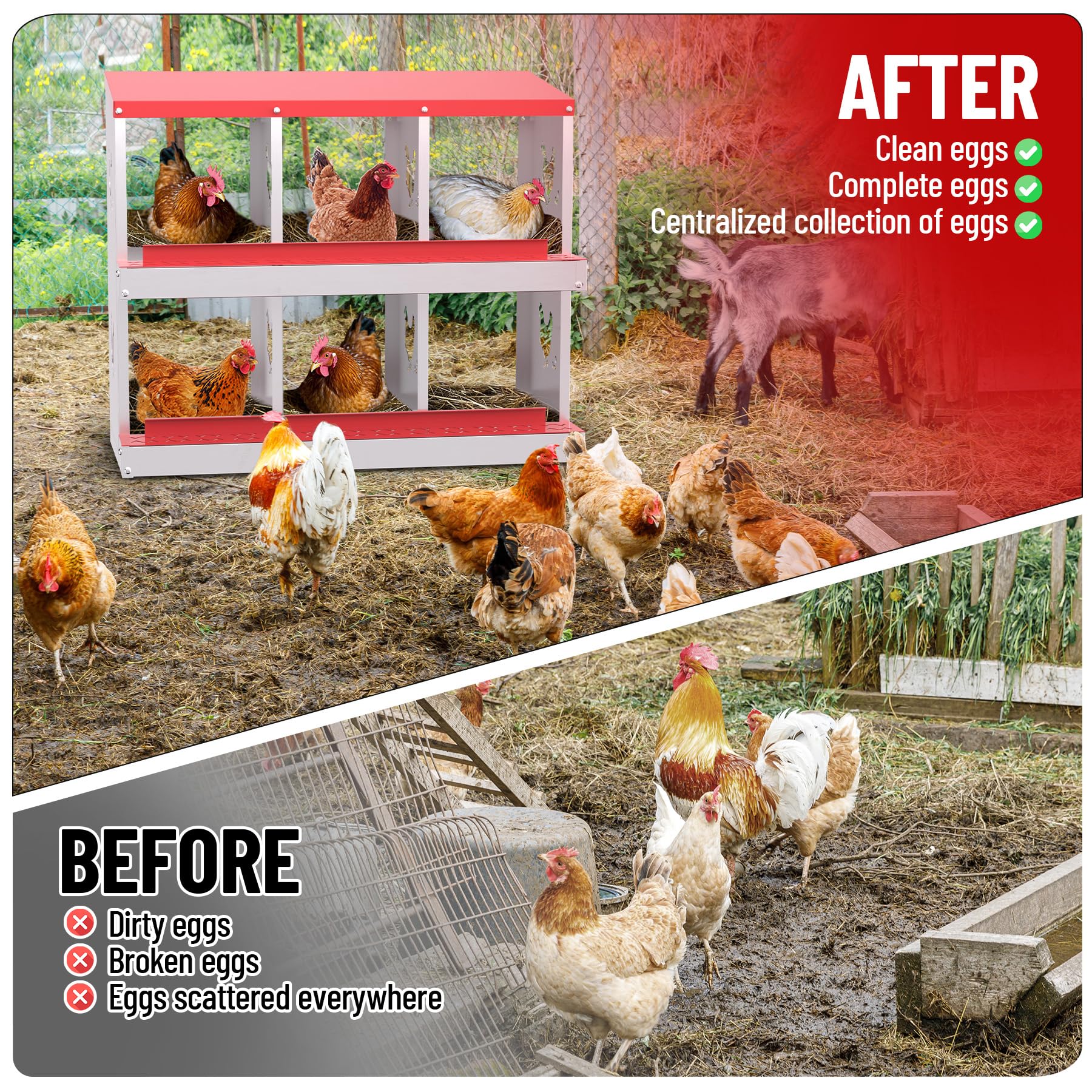 Garvee 6 Compartments Metal Chicken Nesting Boxes, Nesting Boxes, Chicken Laying Box with Roll Out Egg Collection with Vented Holes