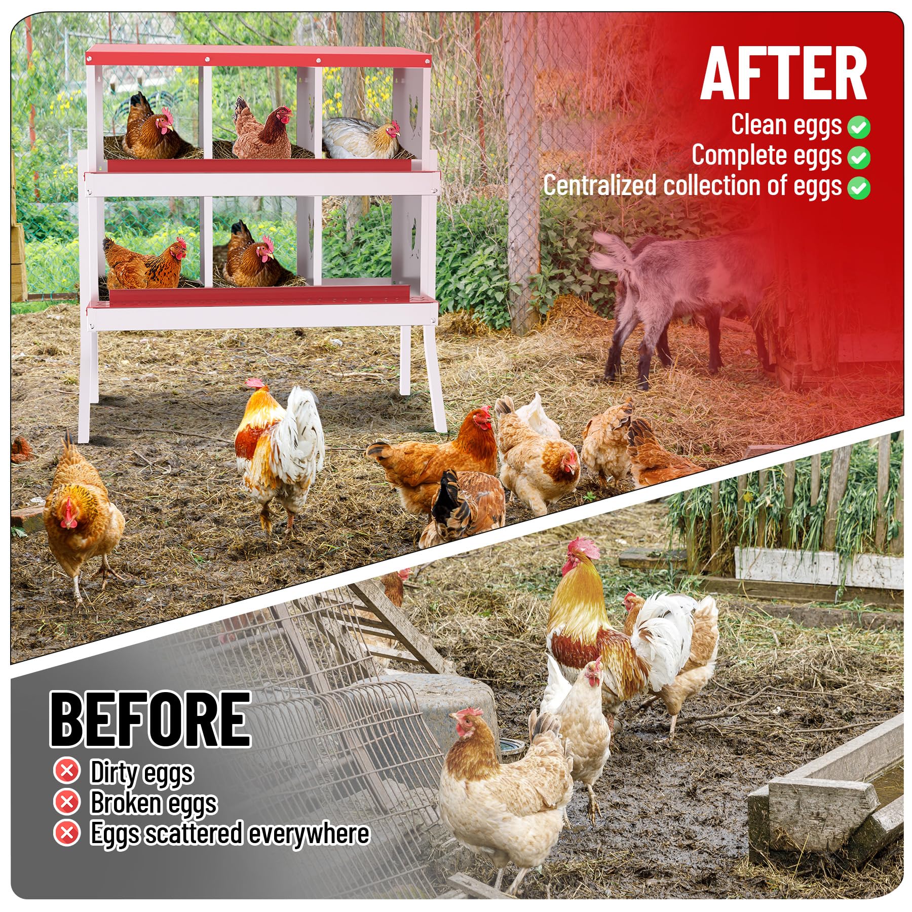 Garvee 6 Compartments Metal Chicken Nesting Boxes, Nesting Boxes with Metal Legs, Chicken Laying Box with Roll Out Egg Collection with Vented Holes