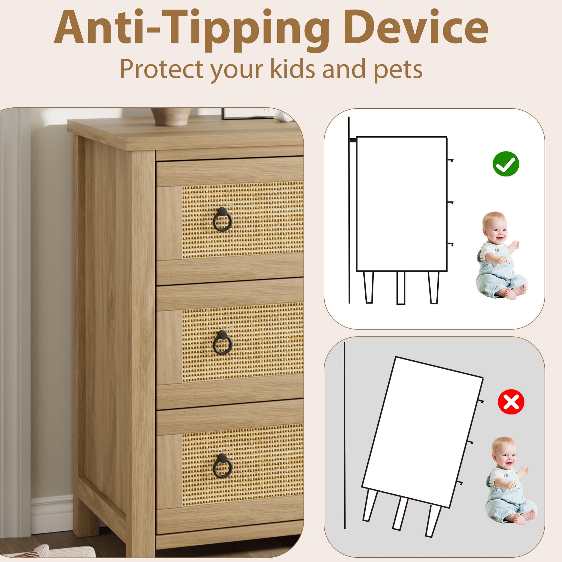 Garvee Rattan 6 Dresser for Bedroom, 47.2" Wide Dresser, Boho Wide Drawer Dresser with Storage, Wooden Closet Dressers Chest of Drawers Freestanding for Bedroom, Nursery, Living Room, Natural