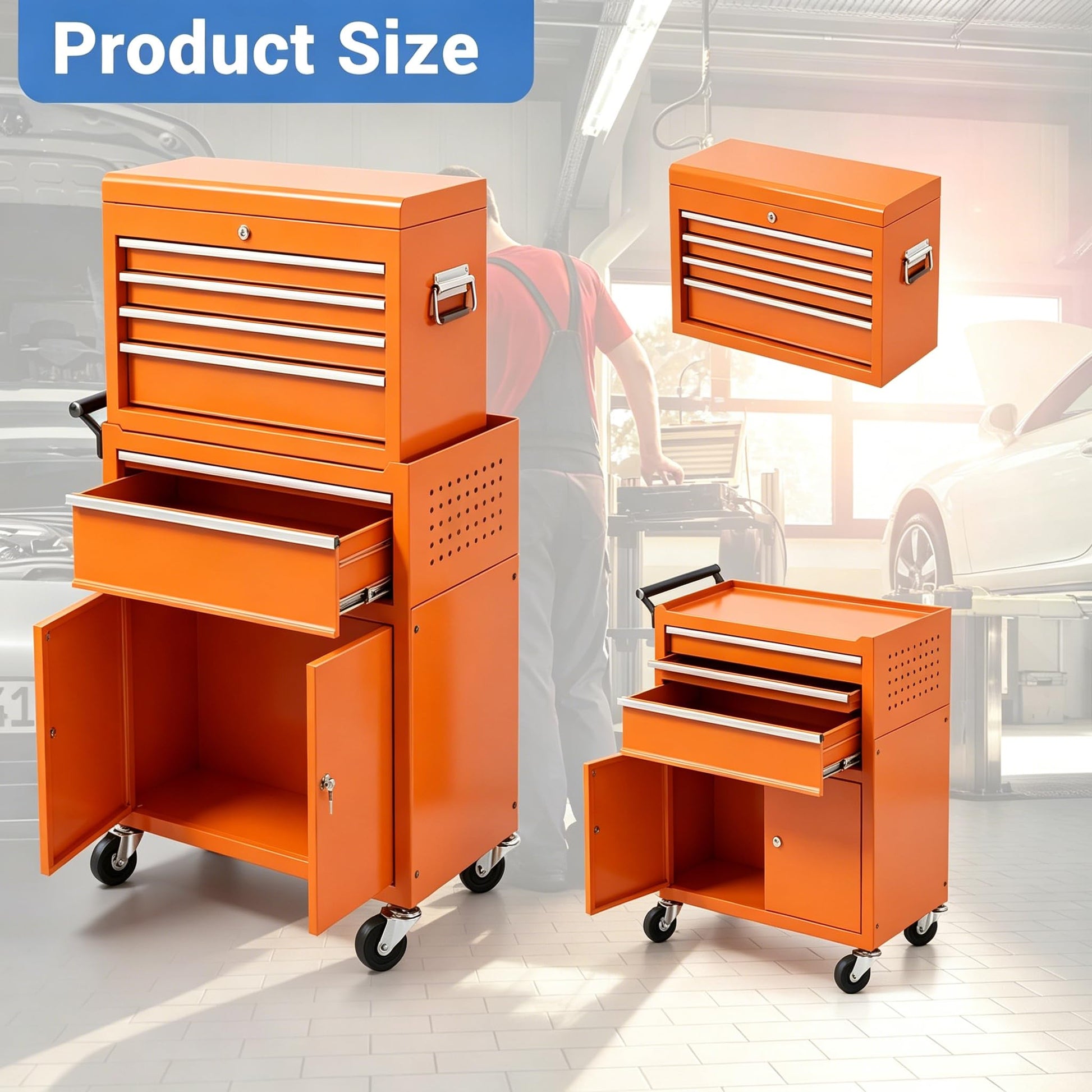 Garvee 20 Inch Heavy-Duty Tool Chest with 5 Drawers, Rolling Tool Box Cabinet on Wheels, 2-in-1 Detachable Tool Storage Organizer for Garage, Workshop, and Home Improvement, Locking Steel Tool Cart with Top Tool Box, Orange