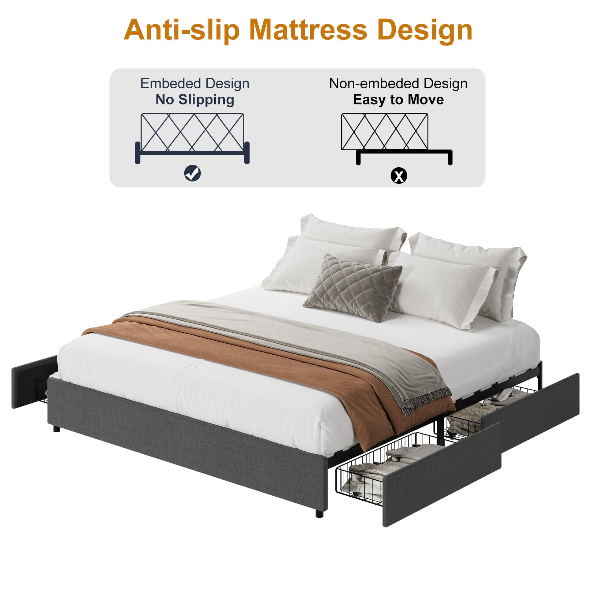 Garvee Platform Bed Frame, Fabric Upholstered with 4 Storage Drawers, No Box Spring Needed, Wooden Slats Support, Noise Free, Easy Assembly, Dark Grey(KING)