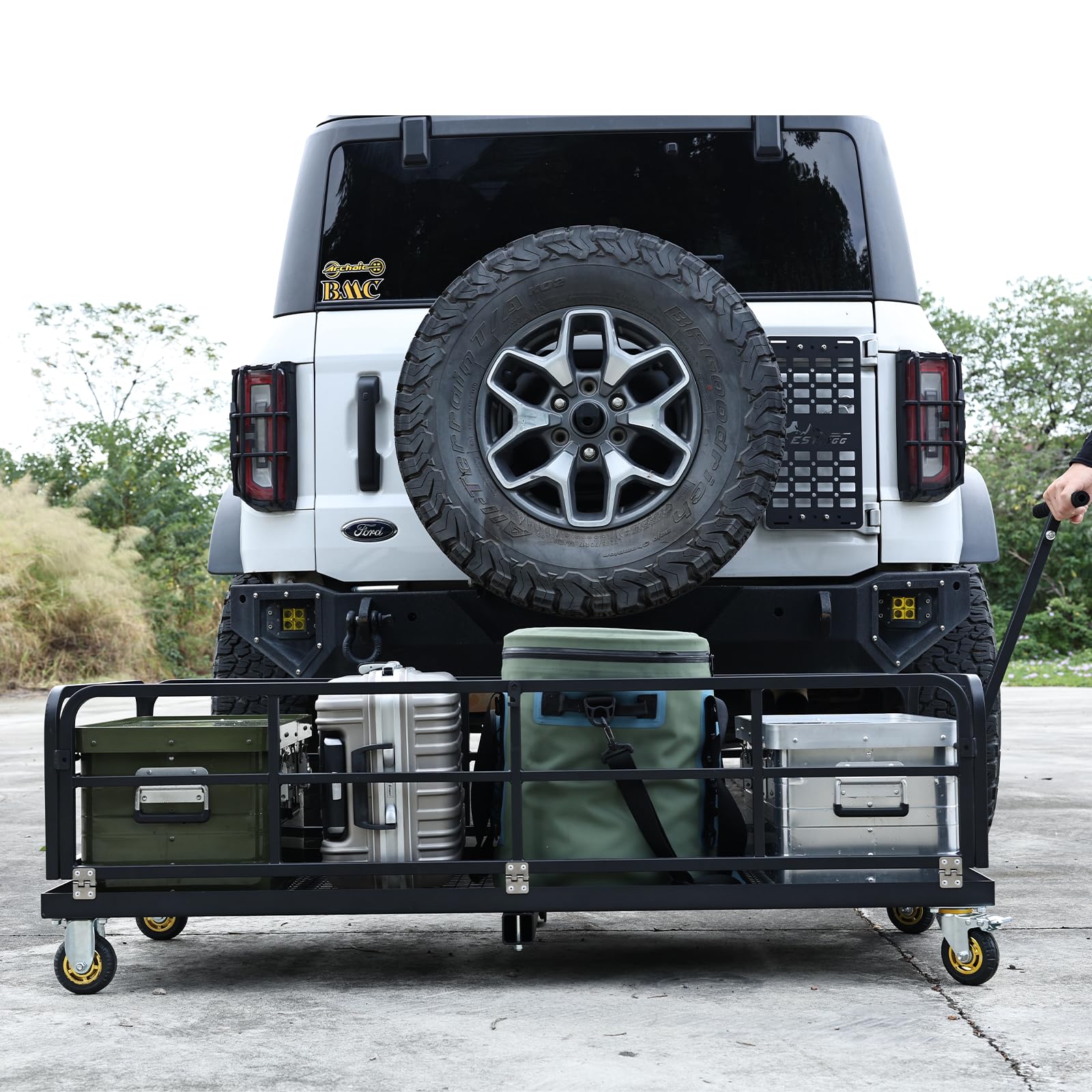 Garvee Hitch-Mounted Cargo Basket, 750 LBS Folding Carrier with Wheels & Handle, Fits 2" Receiver, Heavy Duty Luggage Storage for SUV, RV, Truck, Trailer