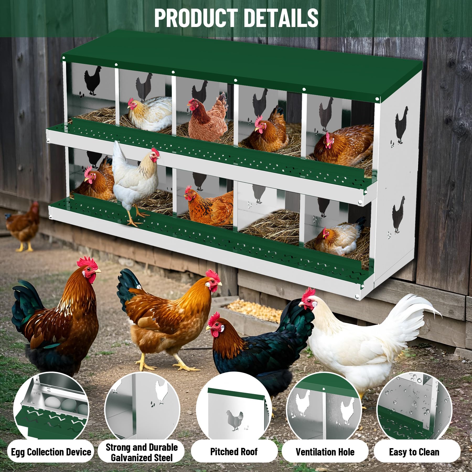 Garvee 10 Compartments Metal Chicken Nesting Boxes, Nesting Boxes, Chicken Laying Box with Roll Out Egg Collection with Vented Holes