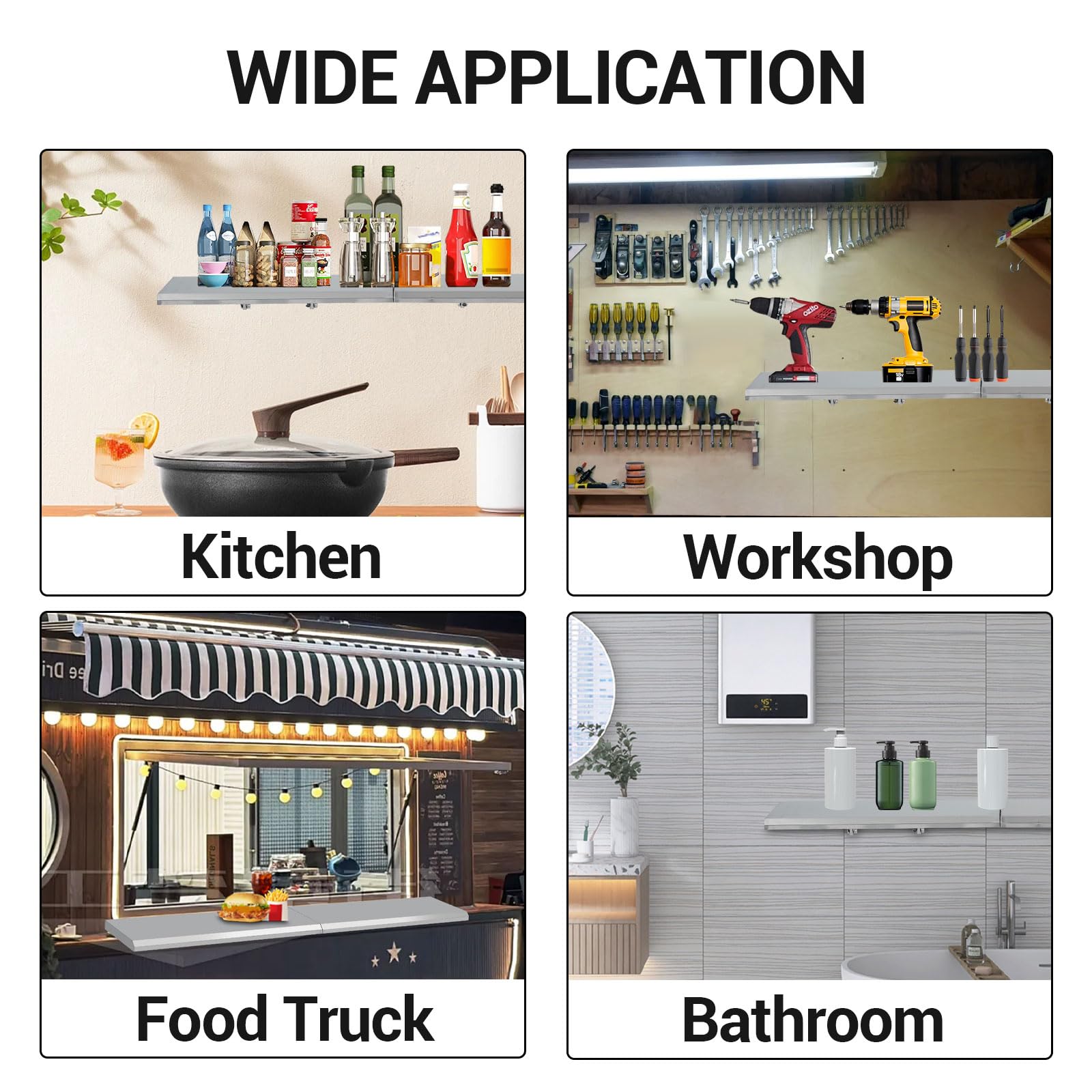 Garvee Folding Concession Shelf 72" x 12" - 304 Stainless Steel, Wall Mount, Drop Down, for Food Truck, BBQ, Restaurant