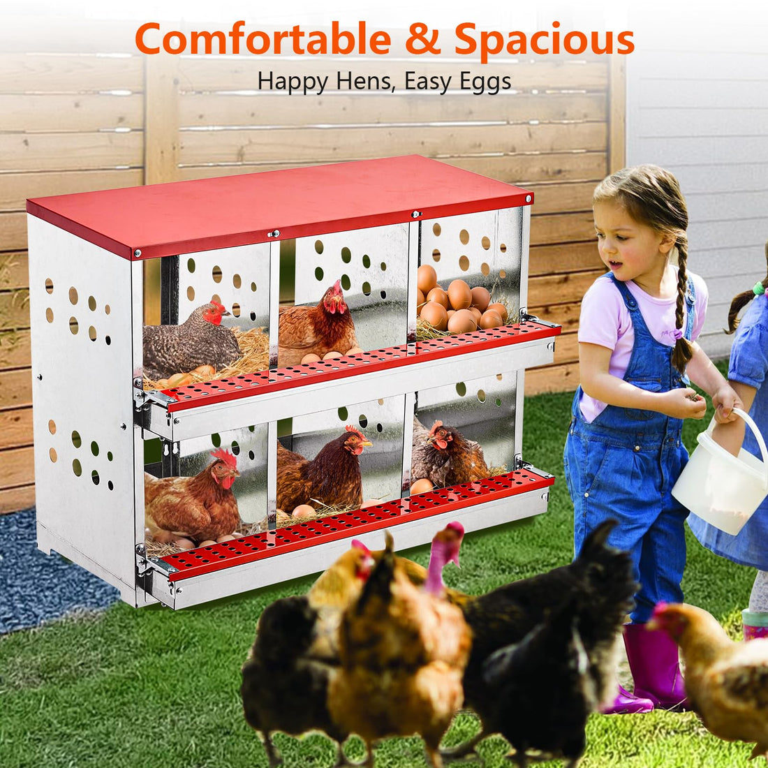 Garvee Nesting Boxes for Chickens, 6 Compartment Roll Out Away Chicken Nesting Boxes for Laying Eggs, Nesting Gift Boxes for Hens Duck Poultry, Metal Heavy Duty Chicken Coop with Perch