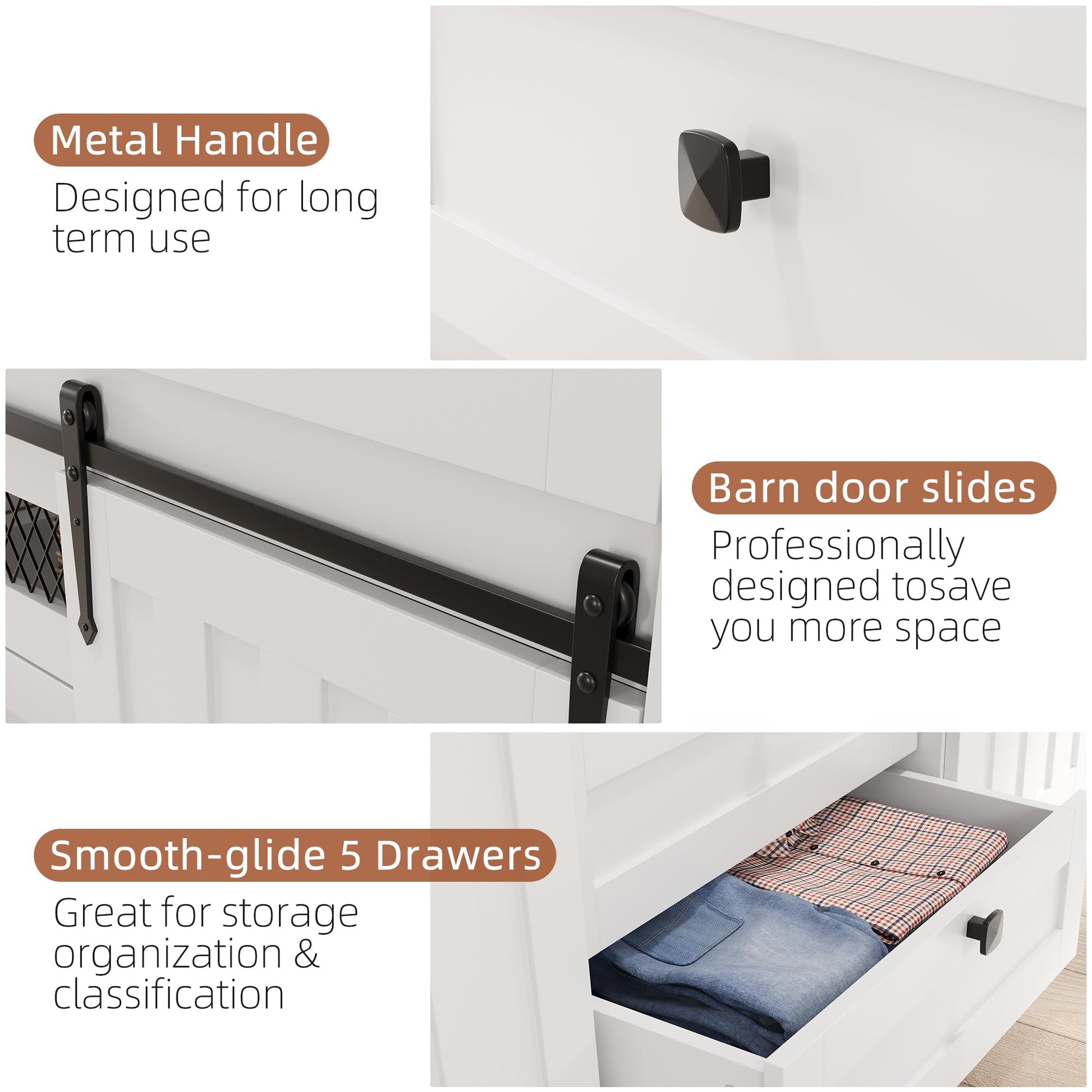 Garvee Farmhouse Buffet Cabinet, Kitchen Sideboard with Sliding Barn Doors, 5 Drawers, Wooden Storage Cabinet, Coffee Bar Station for Kitchen, Living Room, Dining Room, White