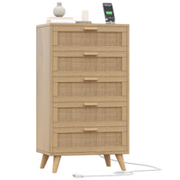Garvee 5 Drawer Dresser for Bedroom, Rattan Chest of Drawers with Deep Drawers, Large Modern Double Dresser for Closet with Wide Top, Horizontal Wooden Dresser for Living Room, Hallway, Kids Room, Natural