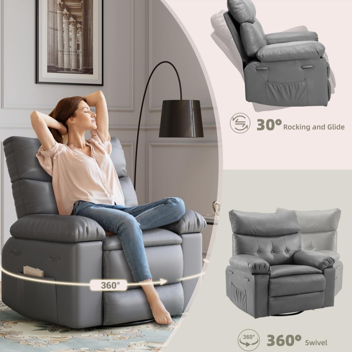 Garvee Oversized Recliner Chairs with Heat and Massage - 360° Swivel Lazy Boy Recliner Chair for Adults- Manual Rocking Chair with Cup Holder for Living Rooms, Bedrooms, and Nurseries - Grey