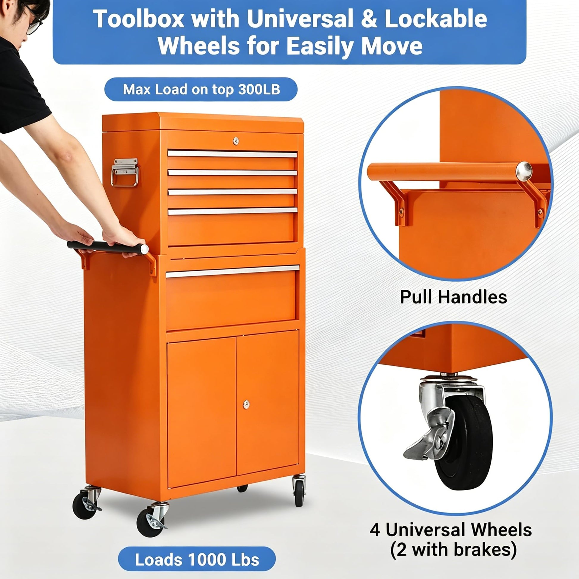 Garvee 20 Inch Heavy-Duty Tool Chest with 5 Drawers, Rolling Tool Box Cabinet on Wheels, 2-in-1 Detachable Tool Storage Organizer for Garage, Workshop, and Home Improvement, Locking Steel Tool Cart with Top Tool Box, Orange