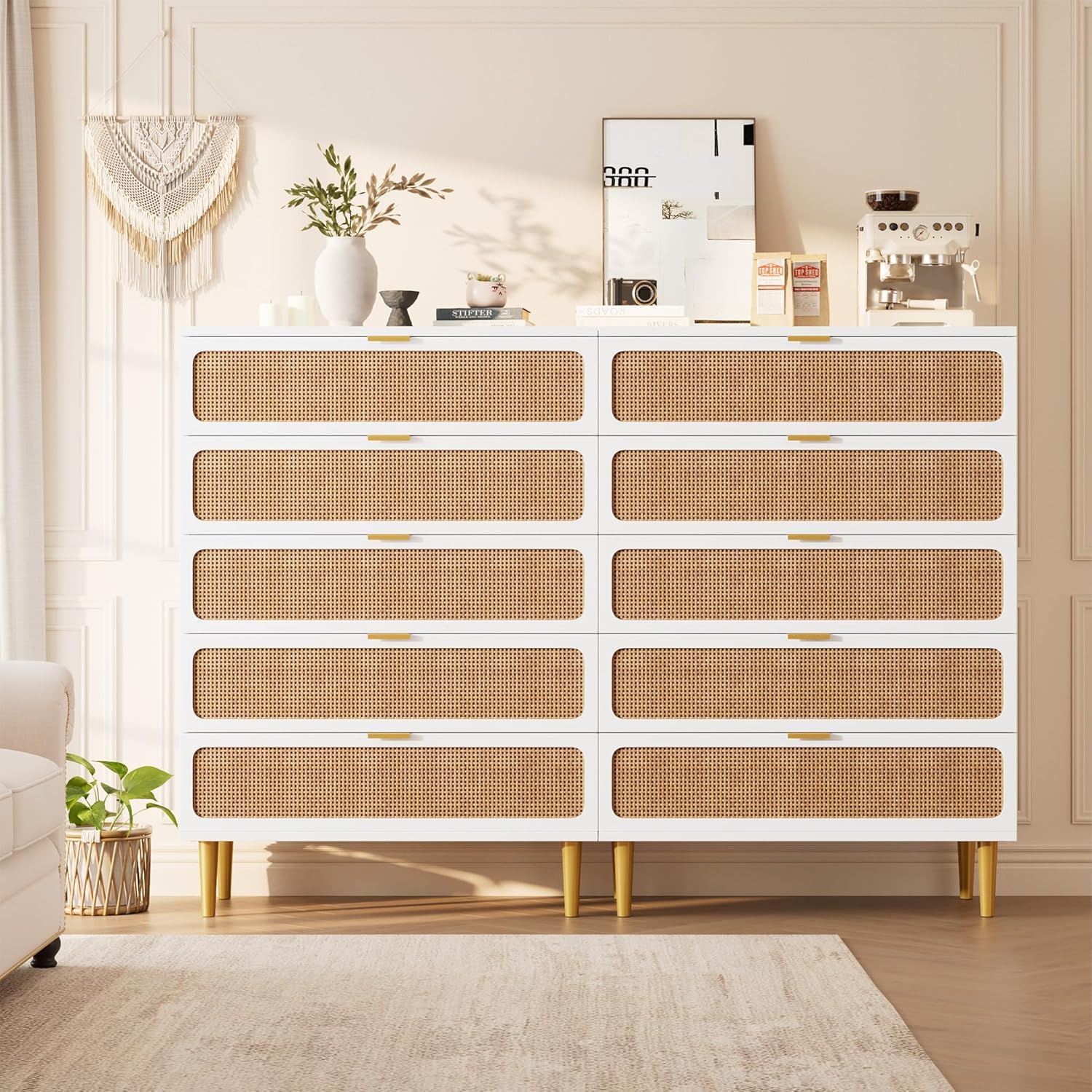 Garvee 5 Drawer Dresser for Bedroom, Rattan Chest of Drawers with Deep Drawers, Large Modern Double Dresser for Closet with Wide Top, Horizontal Wooden Dresser for Living Room, Hallway, Kids Room, Natural