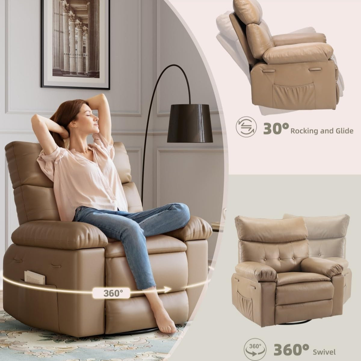 Comfortable armchair with beige leather upholstery, tufted backrest, and plush armrests, suitable for home decor and relaxation.
