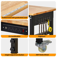 Garvee 70"x 21" Adjustable Workbench with Power Outlet, 29.5" - 39.4" Adjustable Height Garage Workbench with Rulers, Pegboard, Hooks, Wheels, 2000 Lbs Load Capacity for Workshop, Office, Garage, Home