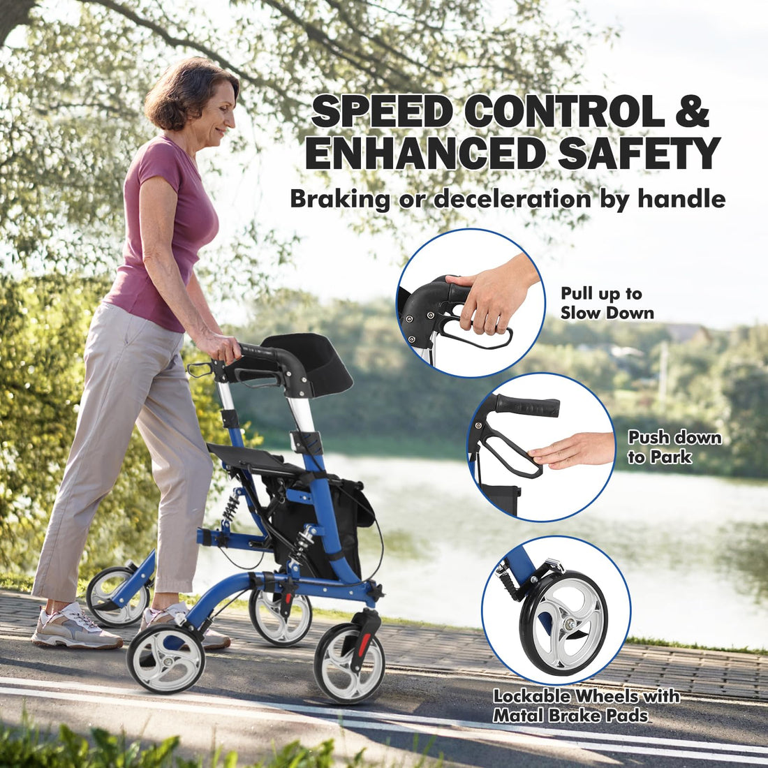 Garvee Rollator Walker for Seniors with Seat & Storage Bag, Shock Absorber, 10" & 8" All-Terrain Rubber Wheels, Lightweight Aluminum Foldable Walker with Backrest, Adjustable Height 34-40", Blue