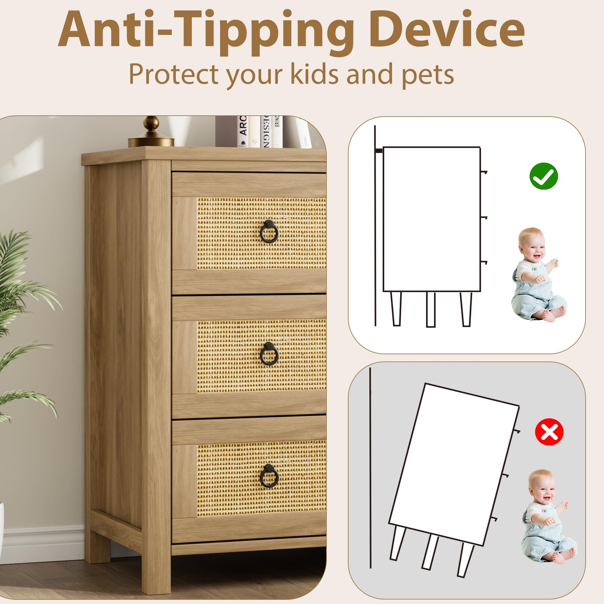 Garvee Rattan 3 Dresser for Bedroom, 29" Tall Dresser, Boho Tall Drawer Dresser with Storage, Wooden Closet Dressers Chest of Drawers Freestanding for Bedroom, Nursery, Living Room, Natural