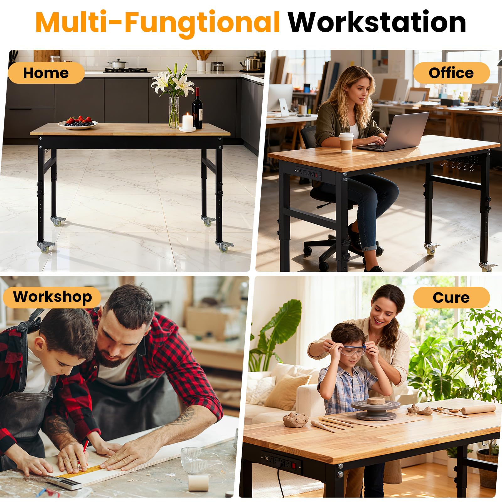 Garvee 70"x 21" Adjustable Workbench with Power Outlet, 29.5" - 39.4" Adjustable Height Garage Workbench with Rulers, Pegboard, Hooks, Wheels, 2000 Lbs Load Capacity for Workshop, Office, Garage, Home