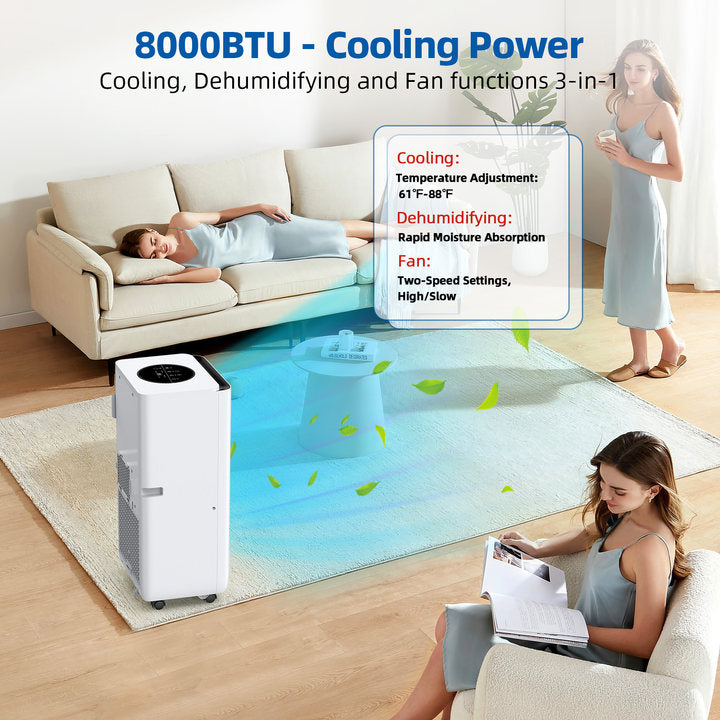 8,000 BTU Portable AC, 350 Sq.ft, 3-in-1, Cool, Dehumidify, Fan