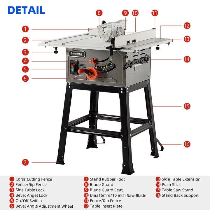 10 Inch 15A Table Saw & Stand - 5000RPM, Bevel Cuts, Dust Port - GARVEE