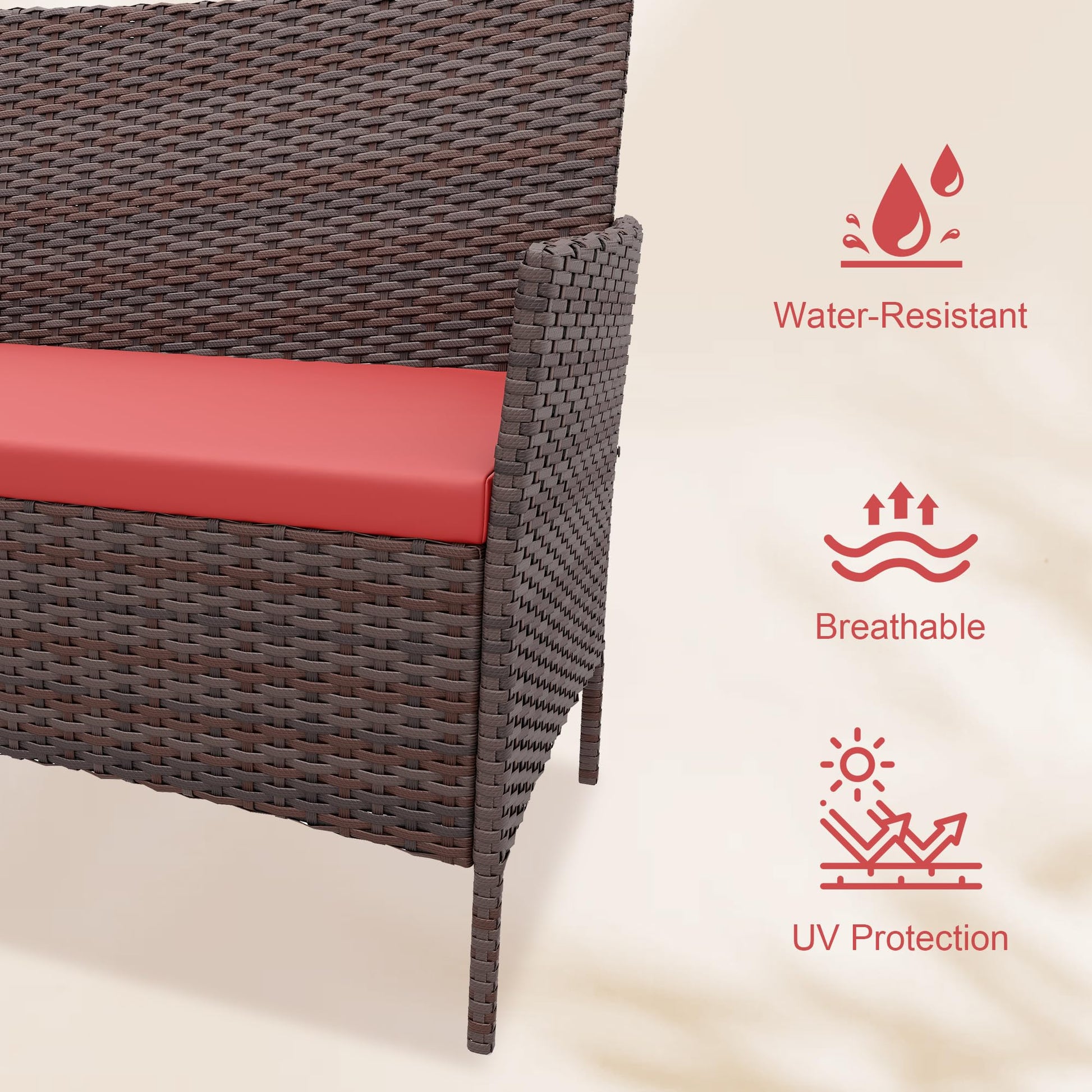 Garvee 4-Piece Rattan Patio Conversation Set with Cushioned Seating & Coffee Table, Brown/Red