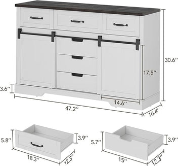 Garvee 6 Drawer Dresser, 47 Inch Farmhouse Chest of Drawer with 2 Sliding Barn Doors, Rustic Wooden Storage Cabinet with Adjustable Shelves for Bedroom Living Room Dining Room