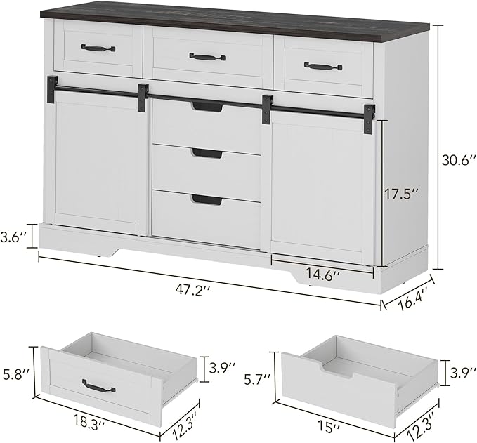 Garvee 6 Drawer Dresser, 47 Inch Farmhouse Chest of Drawer with 2 Sliding Barn Doors, Rustic Wooden Storage Cabinet with Adjustable Shelves for Bedroom Living Room Dining Room